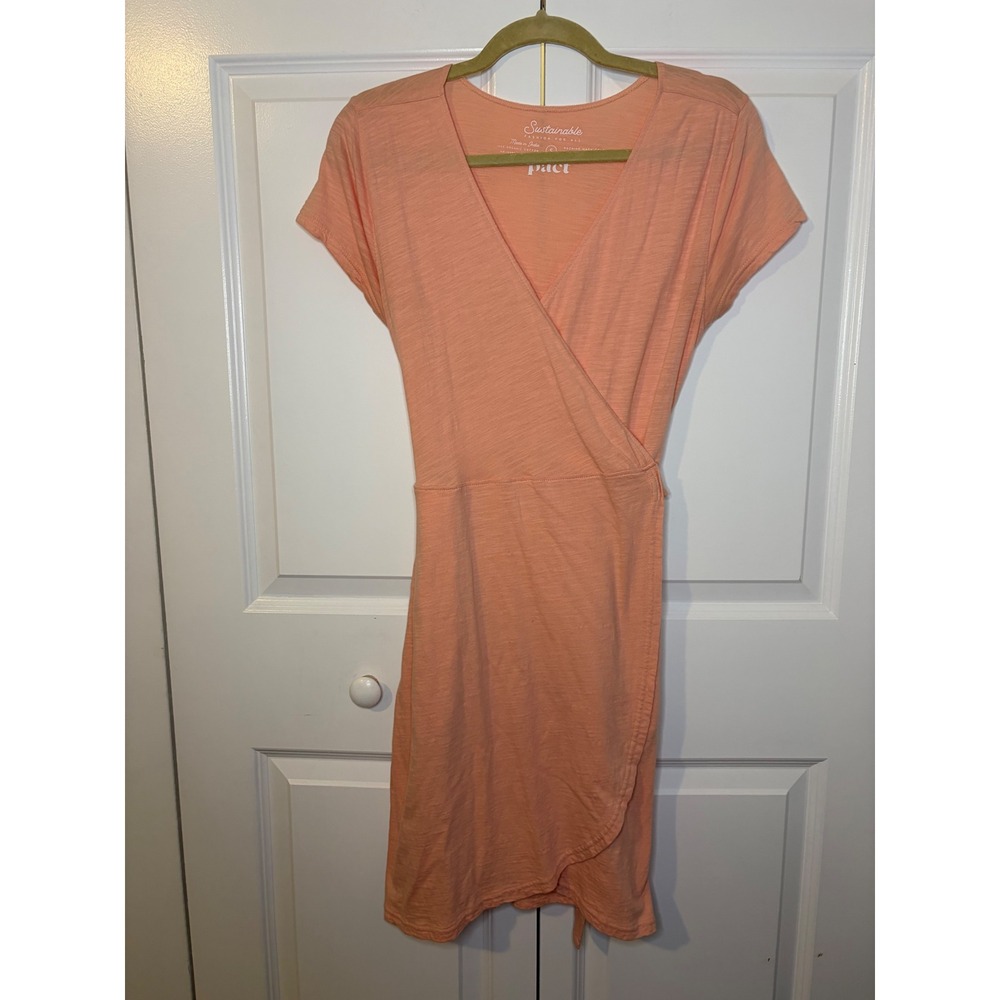 Pact Organic Cotton Wrap Dress Peach Apricot Short Sleeve Pocket Size Small